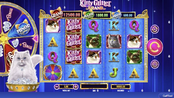 Kitty Glitter Grand base game screenshot showing reels and features