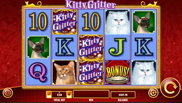 Kitty Glitter base game screenshot showing reels and features