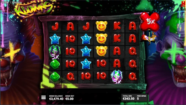 Screenshot of Klowns slot demo showing reels and bonus game features