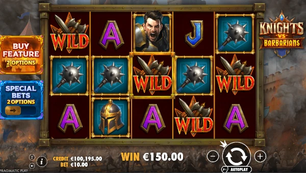 Knights vs Barbarians base game screenshot showing reels and features