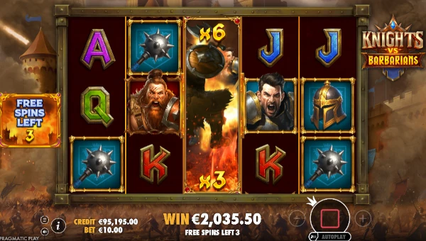 Screenshot of Knights vs Barbarians slot demo showing reels and bonus game features