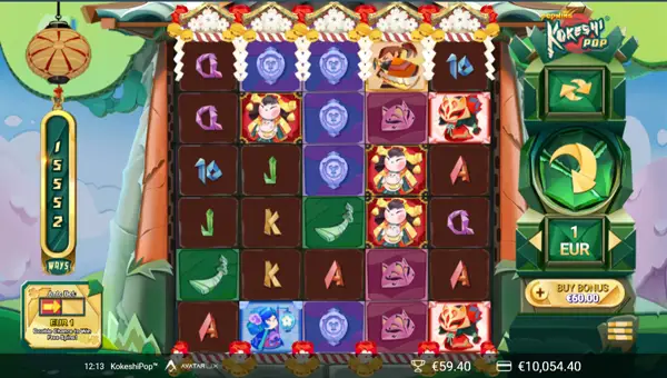 KokeshiPop base game screenshot showing reels and features