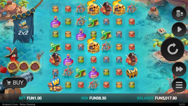 Krakens Cove base game screenshot showing reels and features