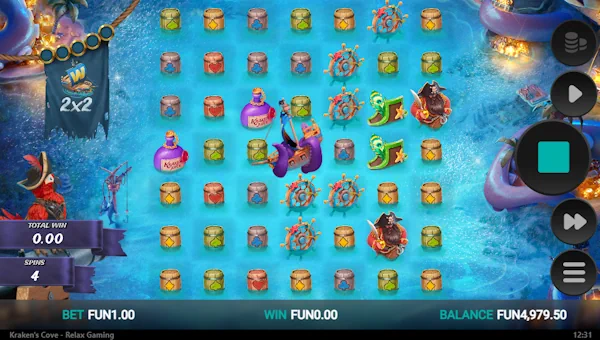 Screenshot of Krakens Cove slot demo showing reels and bonus game features
