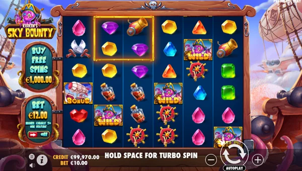 Krakens Sky Bounty base game screenshot showing reels and features