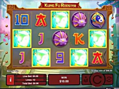 Kung Fu Rooster base game screenshot showing reels and features