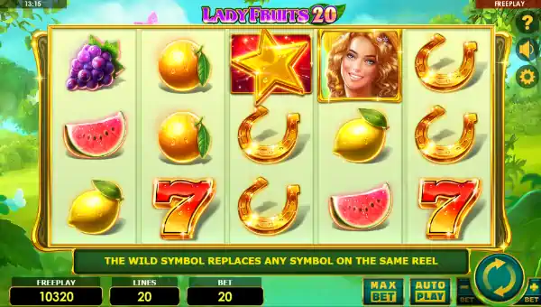 Lady Fruits 20 base game screenshot showing reels and features