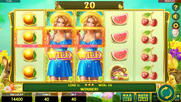 Lady Fruits 40 Easter base game screenshot showing reels and features