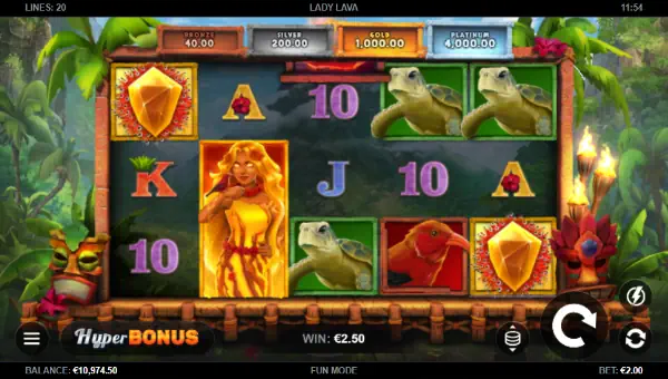 Lady Lava base game screenshot showing reels and features