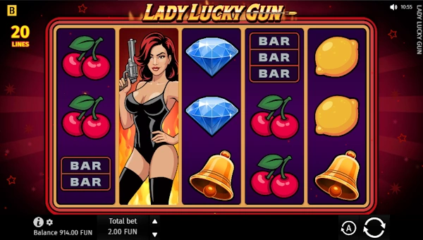 Lady Lucky Gun base game screenshot showing reels and features