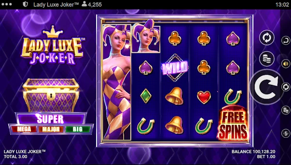 Lady Luxe Joker base game screenshot showing reels and features