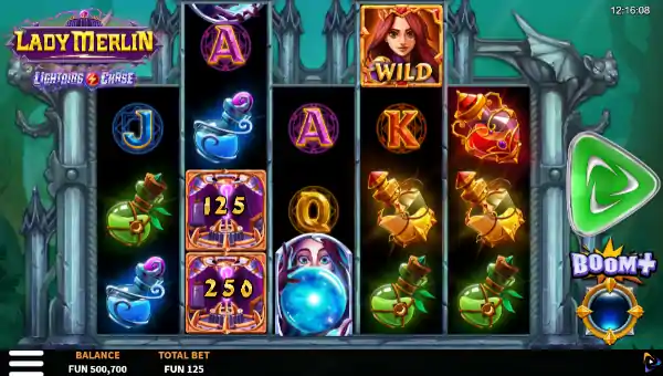 Lady Merlin Lightning Chase base game screenshot showing reels and features