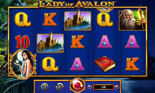 Lady of Avalon base game screenshot showing reels and features