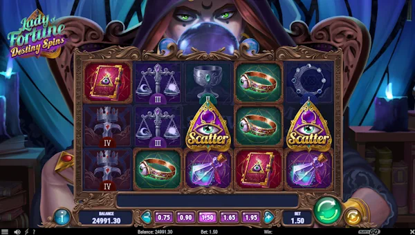 Lady of Fortune Destiny Spins base game screenshot showing reels and features