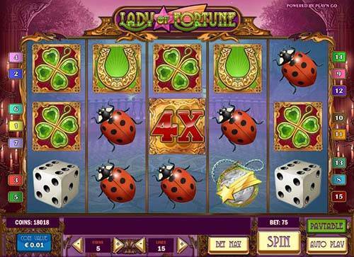 Lady of Fortune base game screenshot showing reels and features