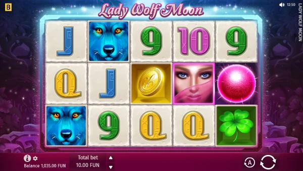 Lady Wolf Moon base game screenshot showing reels and features