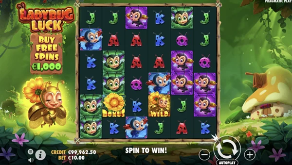Ladybug Luck base game screenshot showing reels and features