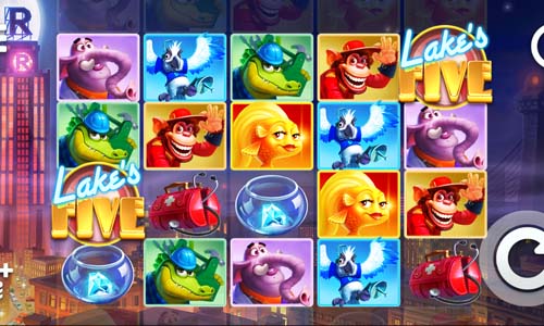 Lakes Five base game screenshot showing reels and features