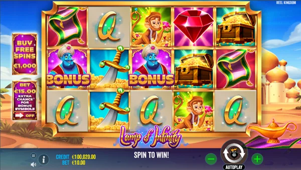 Lamp of Infinity base game screenshot showing reels and features