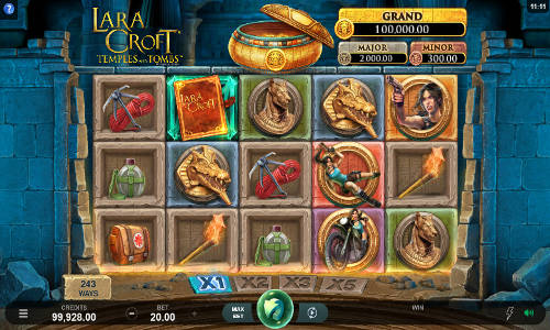 Lara Croft Temples and Tombs base game screenshot showing reels and features