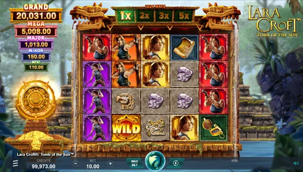 Lara Croft Tomb of the Sun base game screenshot showing reels and features