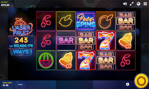 Laser Fruit base game screenshot showing reels and features