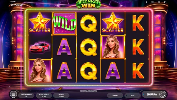 Late Night Win base game screenshot showing reels and features