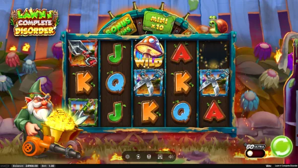 Lawn N Complete Disorder base game screenshot showing reels and features
