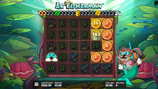 Screenshot of Le Fisherman slot demo showing reels and bonus game features