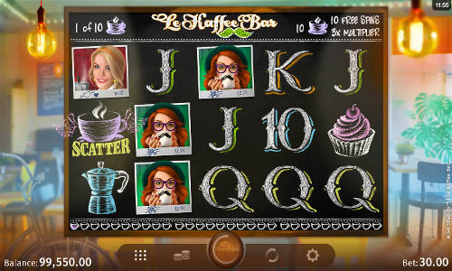 Le Kaffee Bar base game screenshot showing reels and features