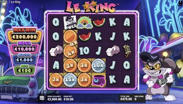 Screenshot of Le King slot demo showing reels and bonus game features