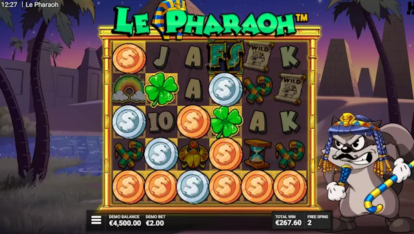 Screenshot of Le Pharaoh slot demo showing reels and bonus game features