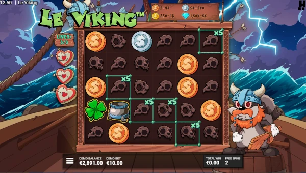 Screenshot of Le Viking slot demo showing reels and bonus game features