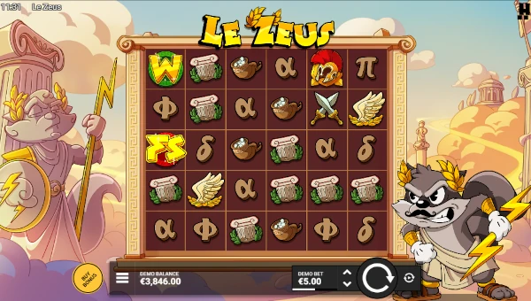 Le Zeus base game screenshot showing reels and features