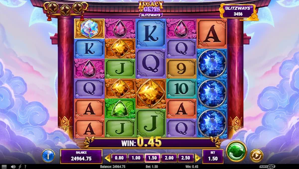 Legacy of Gems Blitzways base game screenshot showing reels and features