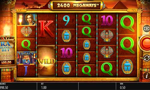 Legacy of Ra Megaways base game screenshot showing reels and features