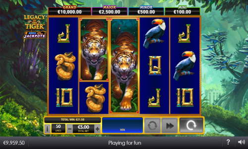Legacy of the Tiger base game screenshot showing reels and features