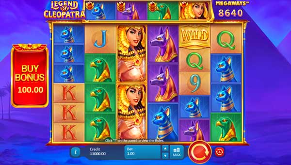 Legend of Cleopatra Megaways base game screenshot showing reels and features