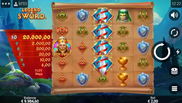 Legend of the Sword base game screenshot showing reels and features