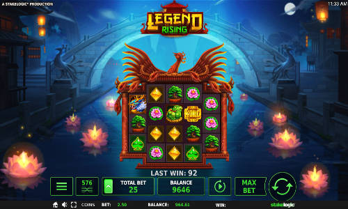 Legend Rising base game screenshot showing reels and features