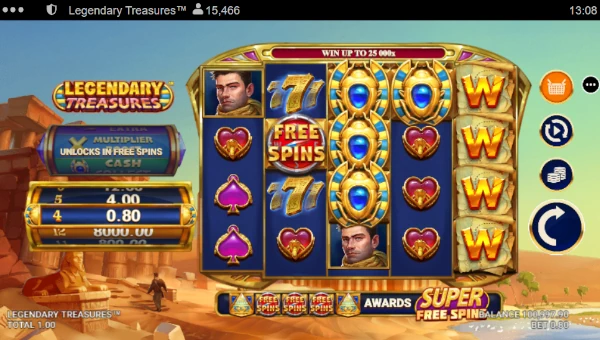 Legendary Treasures base game screenshot showing reels and features