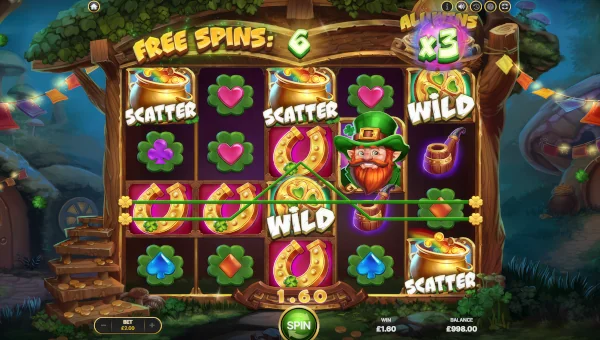 Leprechaun Joy base game screenshot showing reels and features