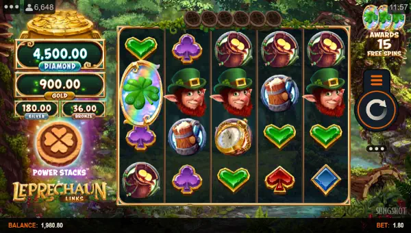 Leprechaun Links base game screenshot showing reels and features