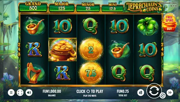 Leprechauns Coins base game screenshot showing reels and features