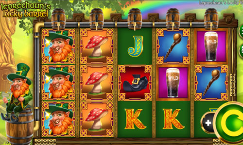 Leprechauns Lucky Barrel base game screenshot showing reels and features