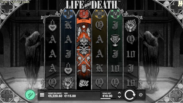 Life and Death base game screenshot showing reels and features