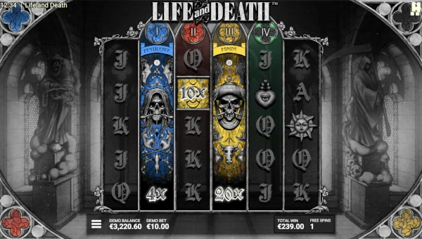 Screenshot of Life and Death slot demo showing reels and bonus game features