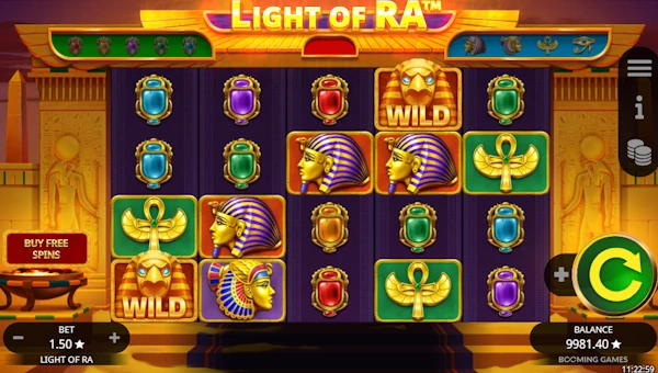 Light of Ra base game screenshot showing reels and features