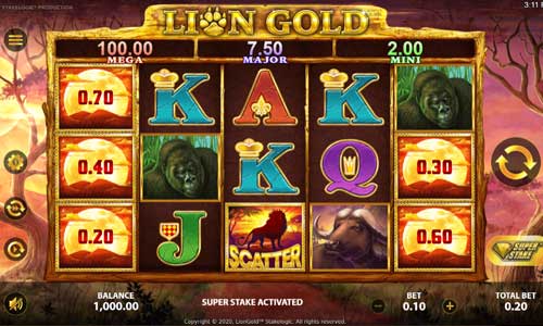 Lion Gold base game screenshot showing reels and features
