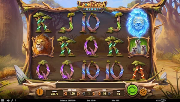 Lion Saga Odyssey base game screenshot showing reels and features